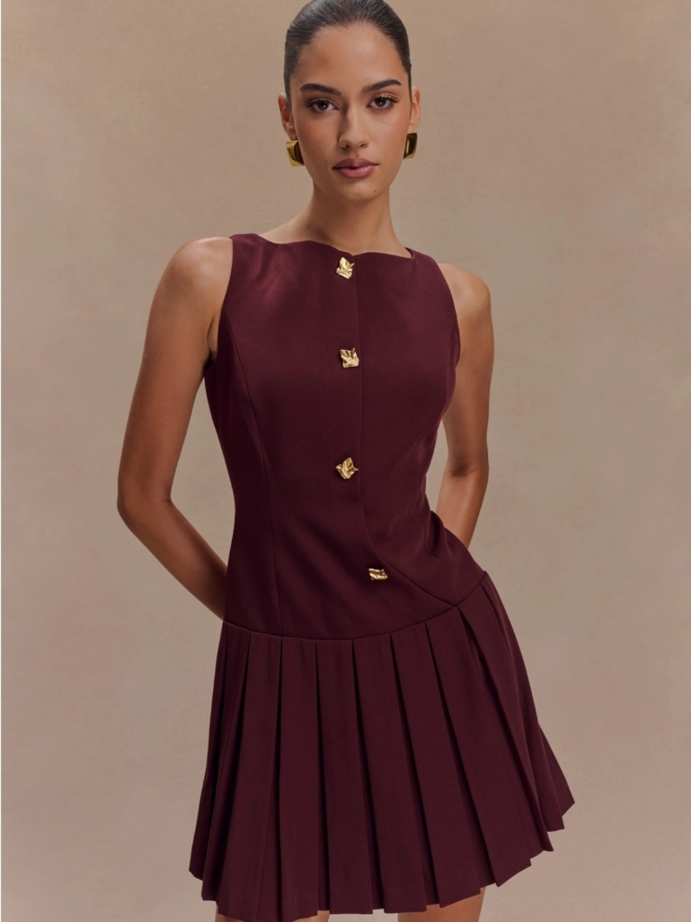 Meshki Sleeveless Pleated Mini Dress - Mahogany